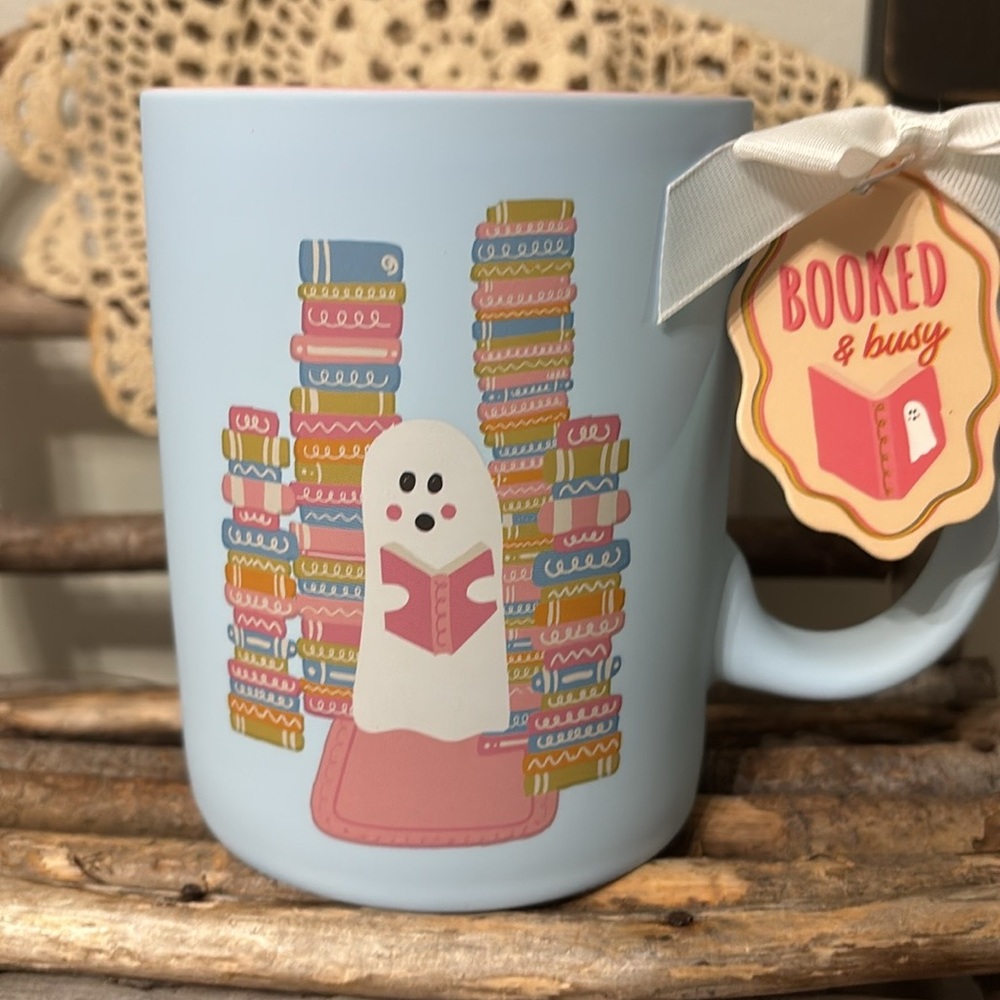 Spooky Readers Book Club Ghost Reading a Book Soft Touch Blue Pink Coffee Mug